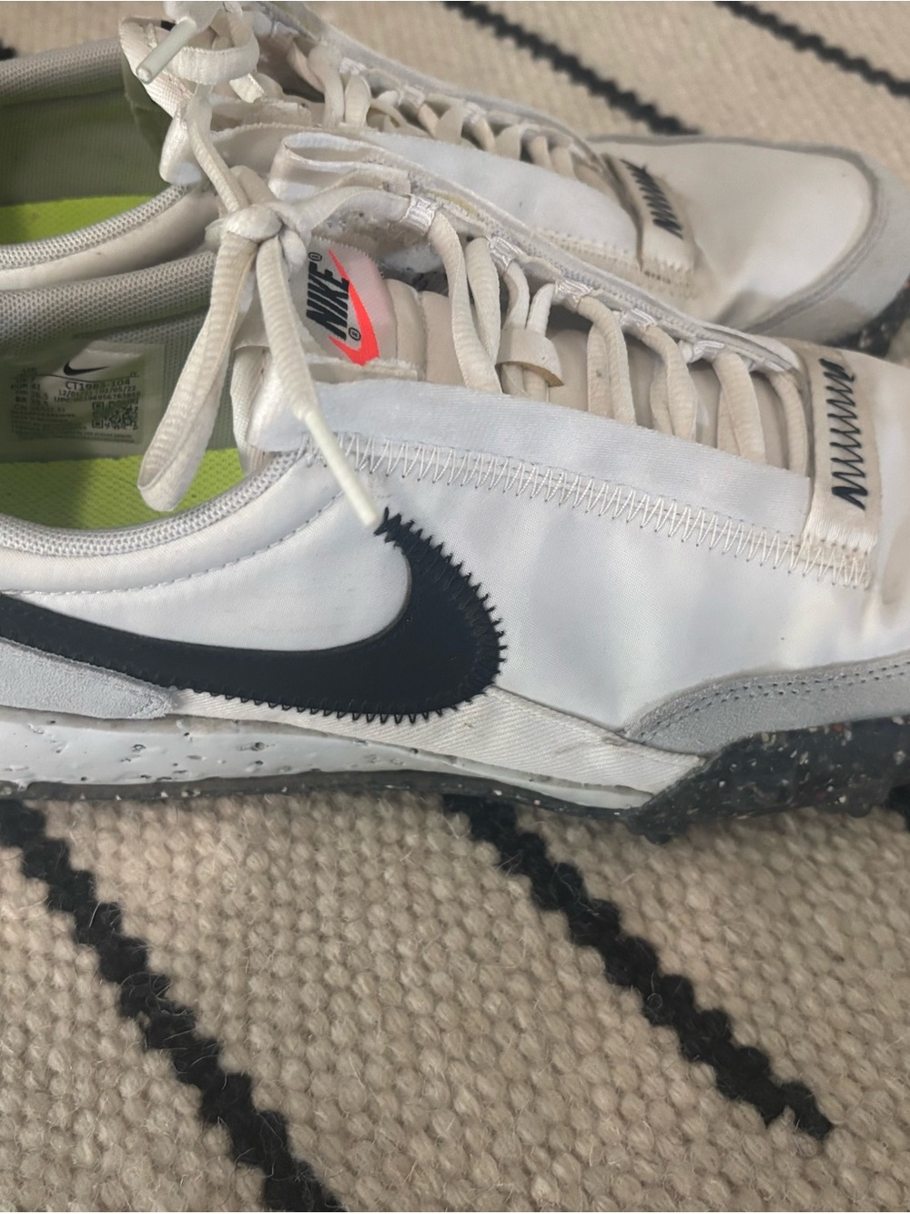 Nike White Sneakers with Black Swoosh and Lime Interior
